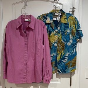 Liz Baker purple Button-Up long sleeve and Blue Tropical Short-Sleeve Shirt
